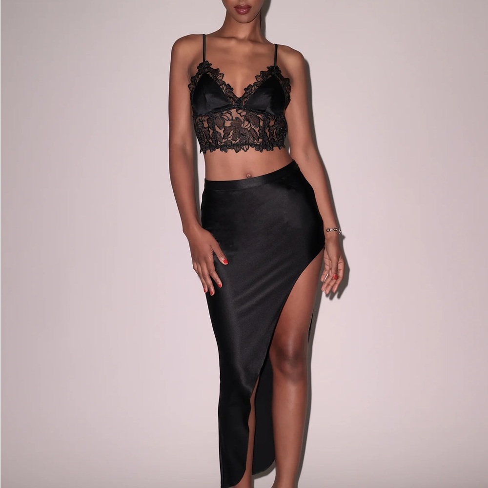 Fleur du Mal Black Asymmetrical Satin Slit Skirt